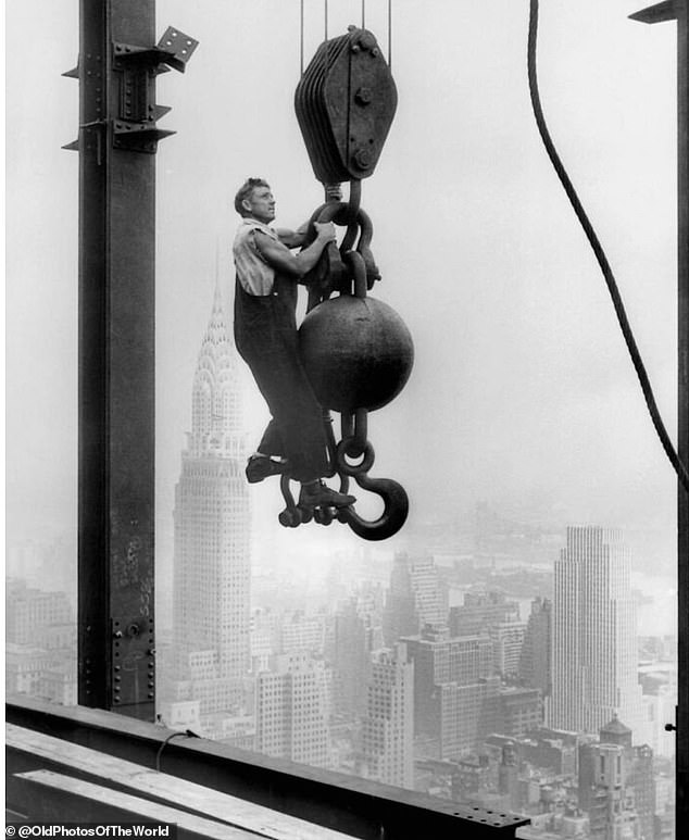 Some of the most unbelievable photos from the past are those of builders in New York, who  climbed scaffolding and hung from cranes with no harnesses or safety equipment. Just like this man on the Empire State building in 1930