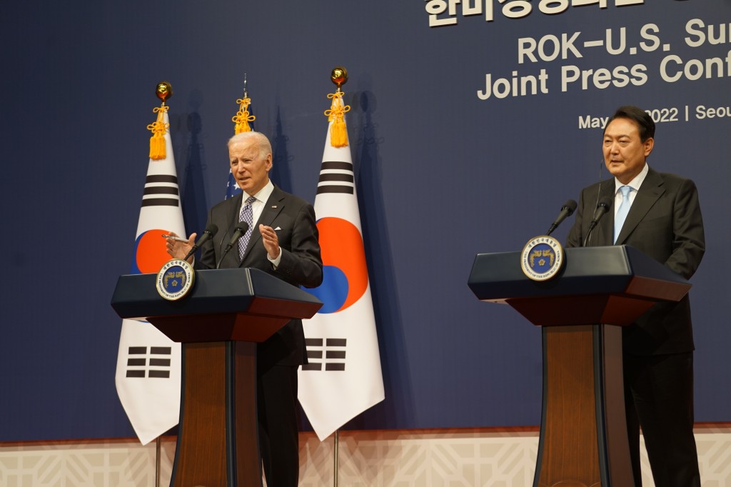 President Joe Biden speaks with President Yoon Suk-yeol during a joint press conference on May 21, 2022 in Seoul, South Korea. 