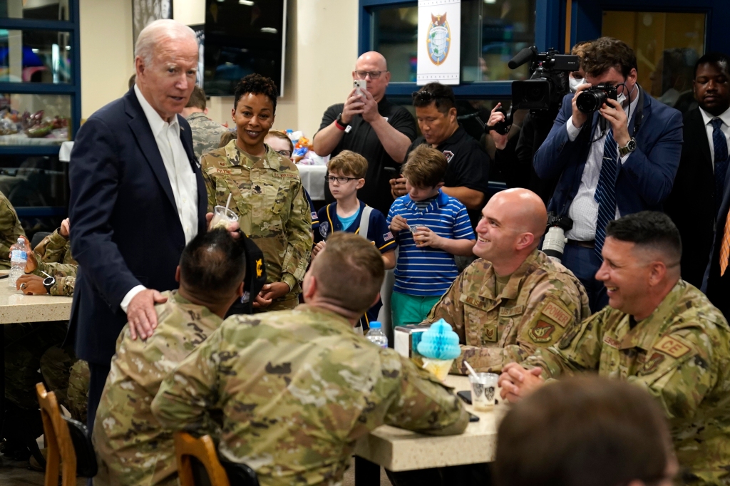 U.S. President Joe Biden meets with American service members and their family at Osan Air Base on May 22, 2022, in Pyeongtaek, South Korea.