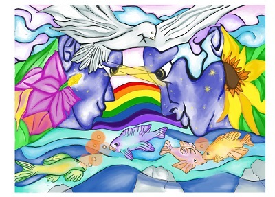 A picture of the mural a rainbow color  Unicorn on stenciled glass.
