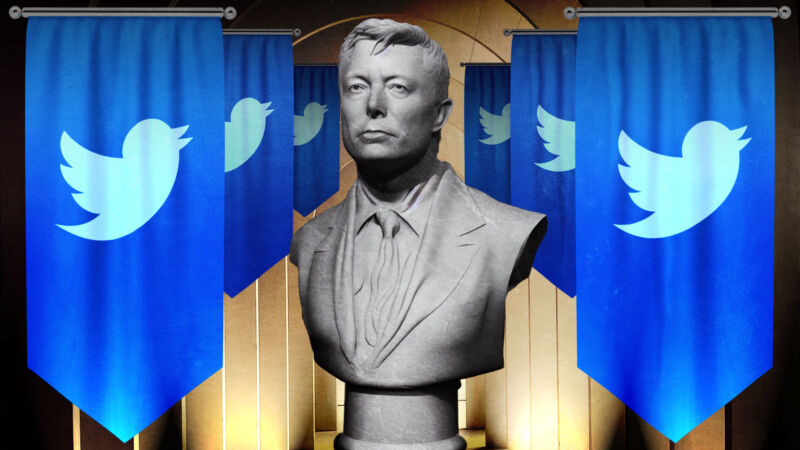 Illustration of an Elon Musk bust surrounded by flags with the Twitter logo.