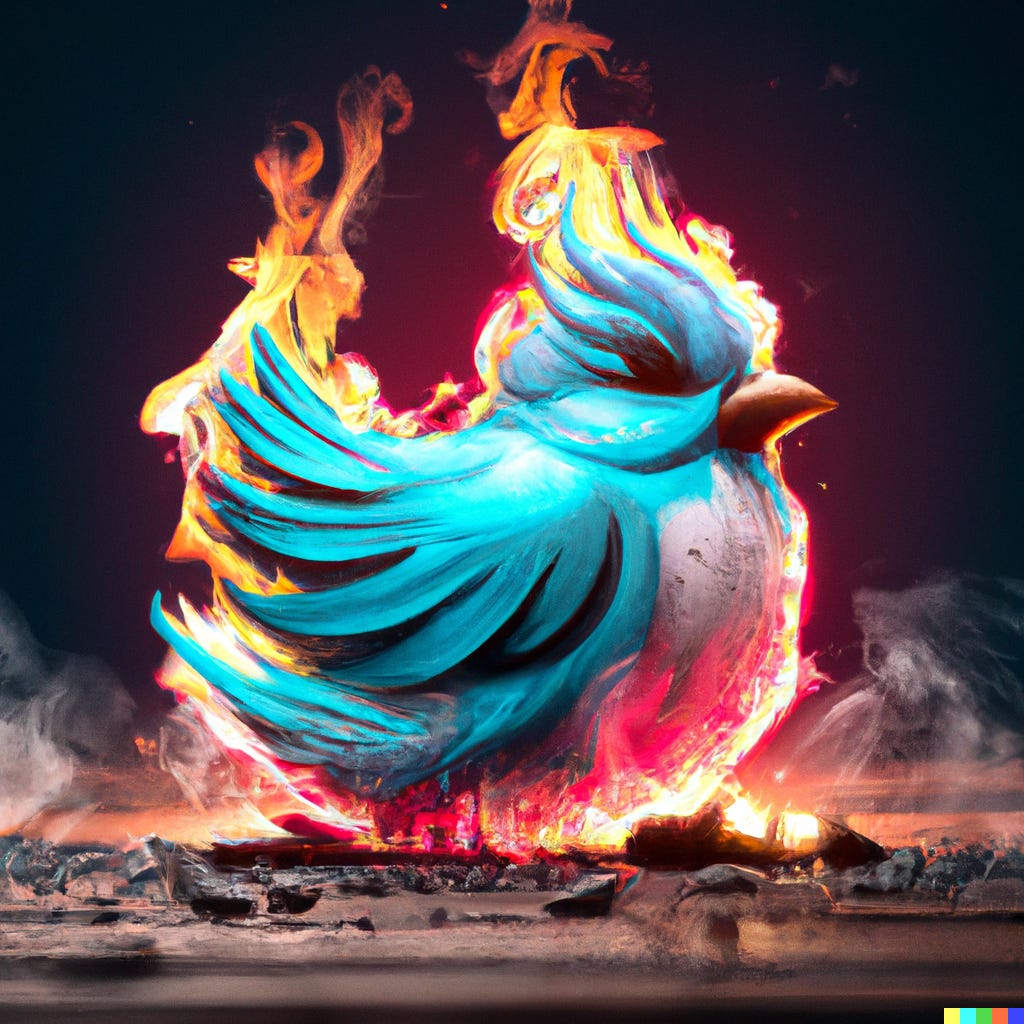 “Twitter logo on fire, digital art / DALL-E”