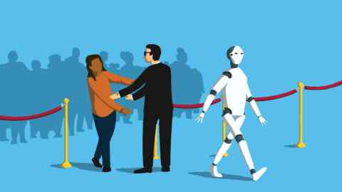 Andy Carter illustration of a robot walking past a security cordon while a woman is held back from entering by a security guard