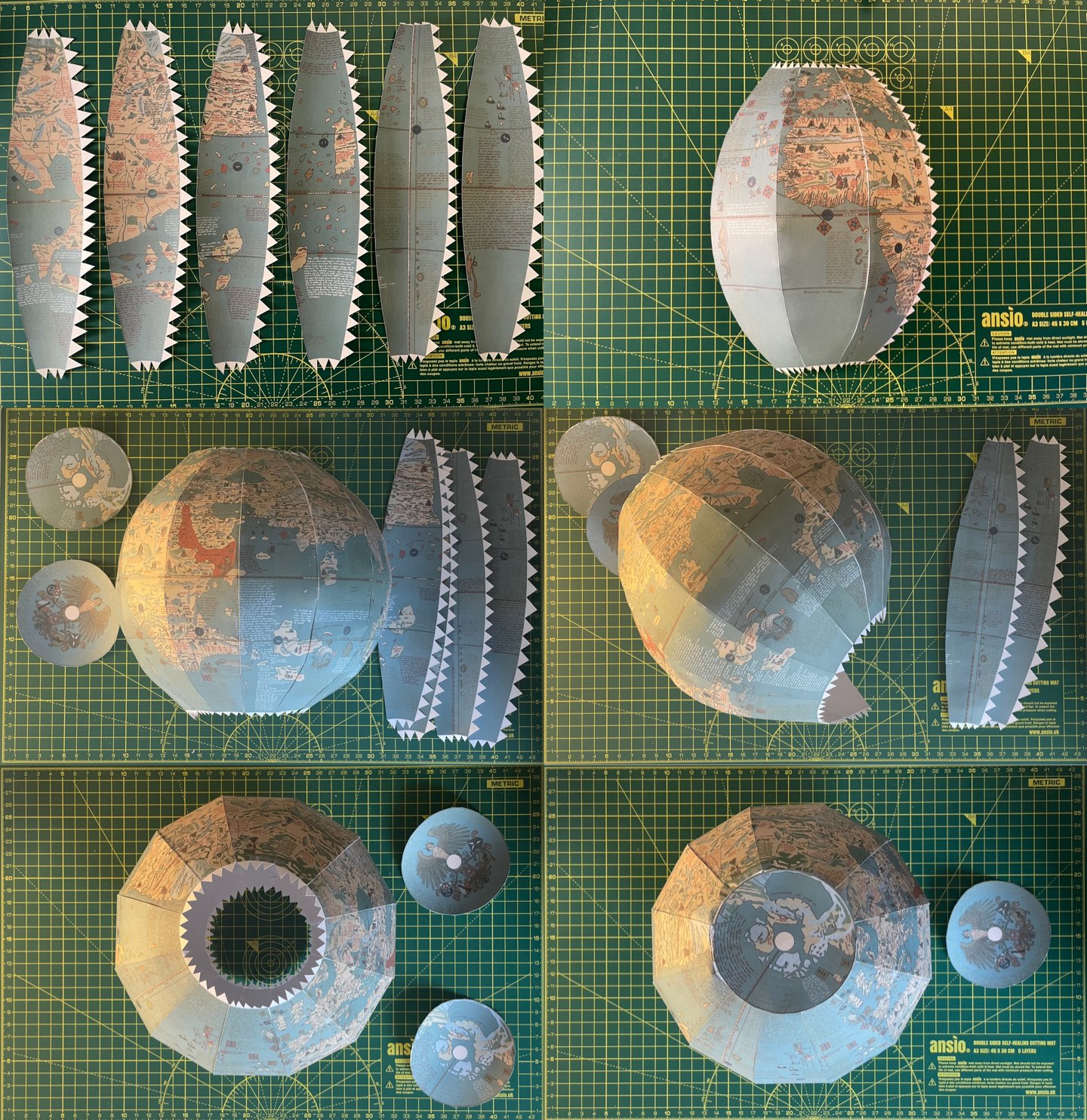 A sequence of 6 photos showing the paper globe being created. Tabs on each of the gores are glued together, with the calottes being added to the top at the end.