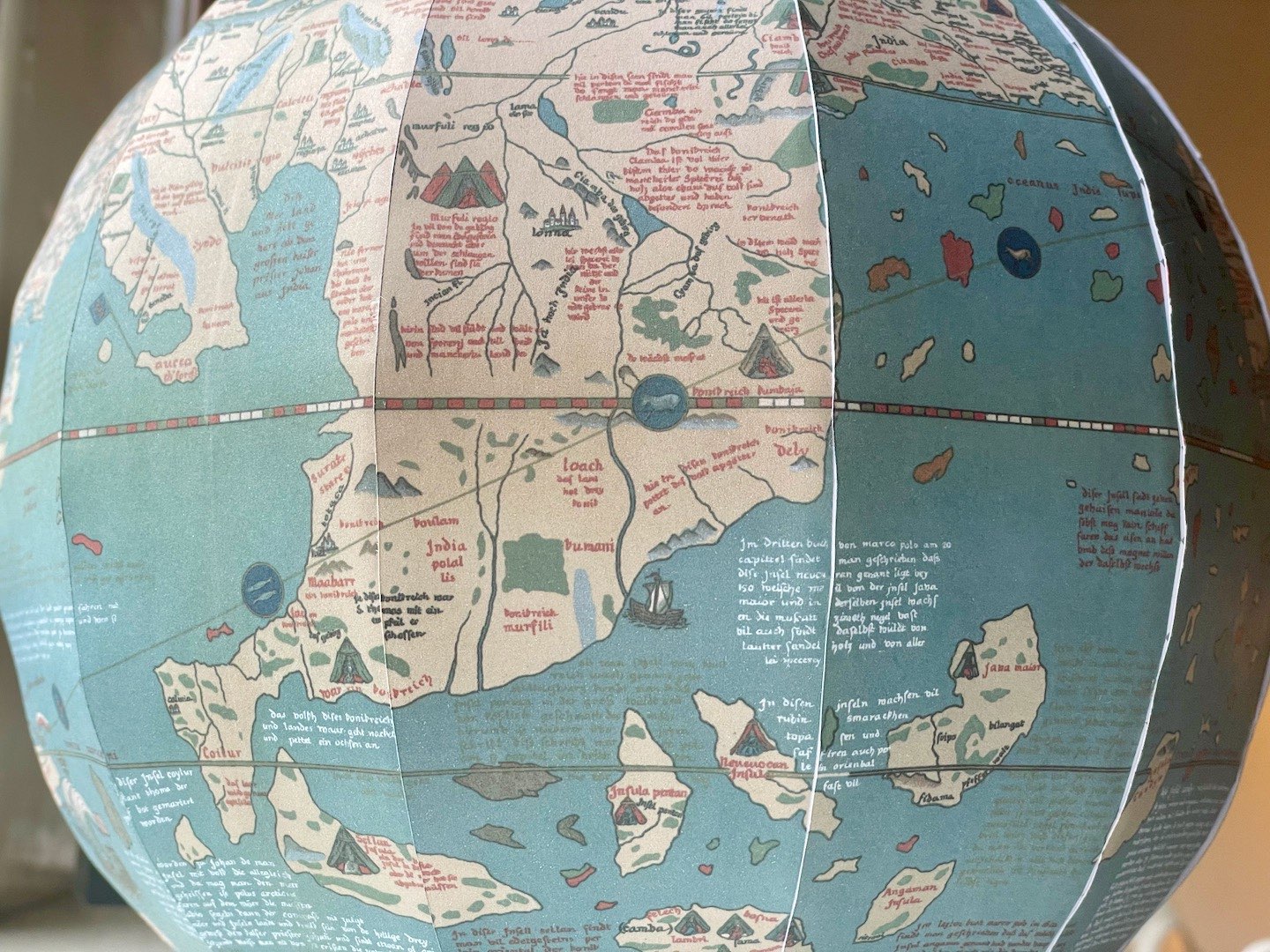 Photograph of the paper globe, showing the equator, India, and Indonesia.