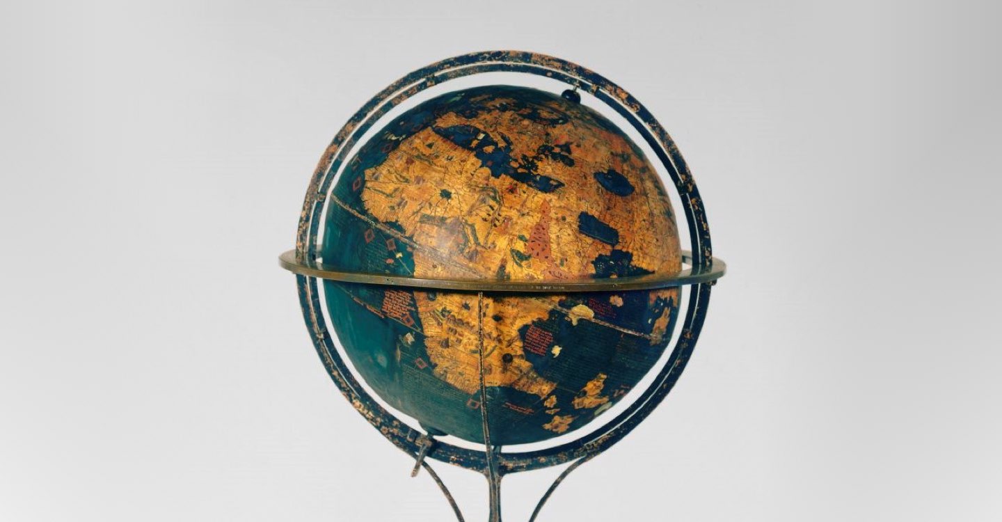 A photograph of Behaim's Globe in a stand, showing Africa and Europe.