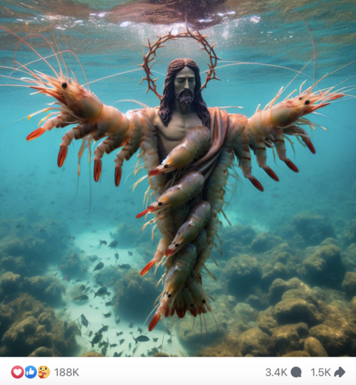 image of Jesus under water, his arms and torso made of shrimps